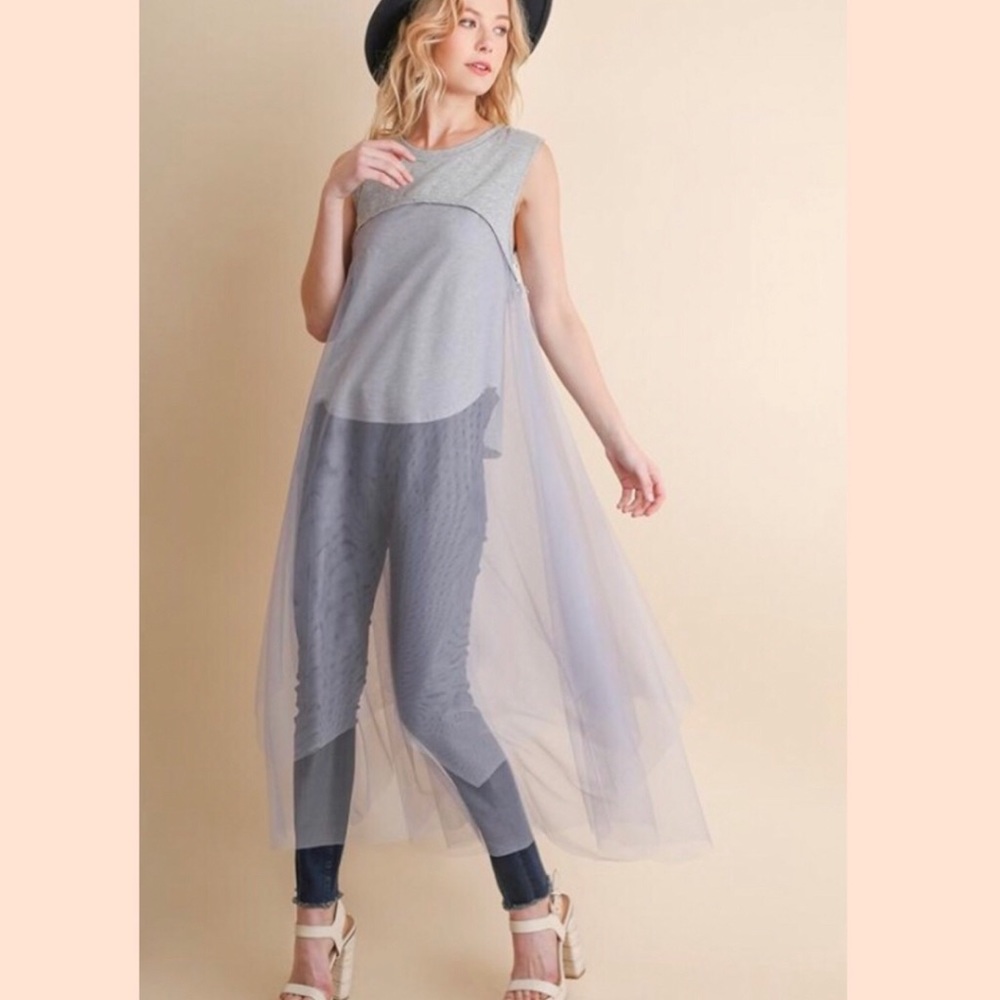 UMGEE Long Flowing Top Sleeveless Tulle Gray